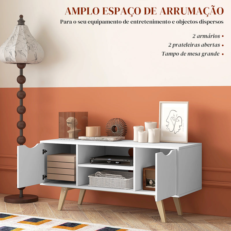 Móvel de TV Moderno Móvel de TV para Televisores de até 50 Polegadas Móvel de TV para Sala de Estar com 2 Armários 2 Prateleiras Abertas e Pés de Madeira 110x39x50 cm Branco