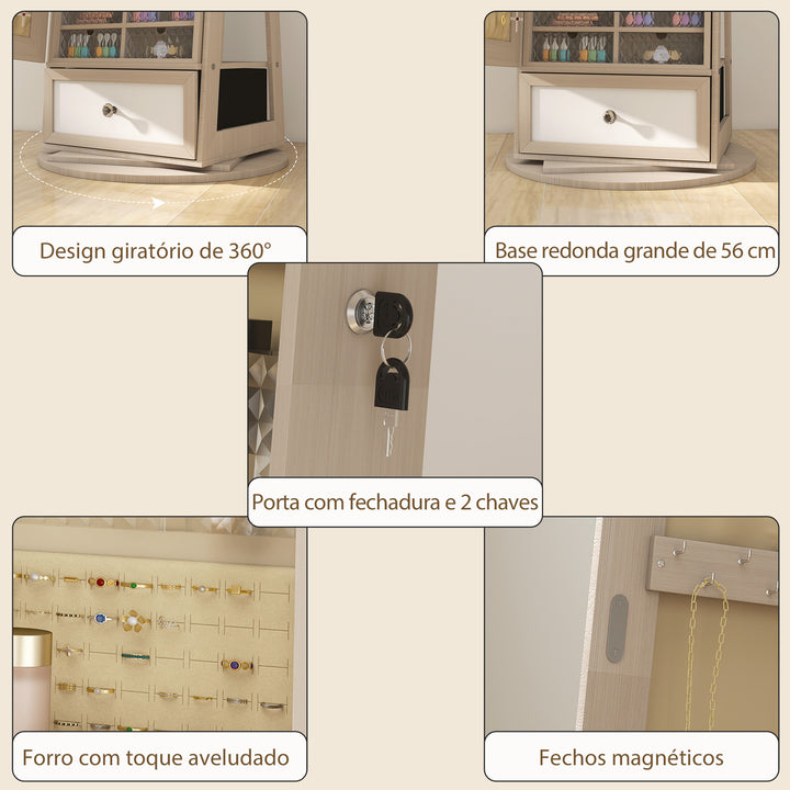 Espelho de Pé Giratório 360° com Espelho com Interior Iluminado Organizador de Jóias com Espelho de Corpo Inteiro Prateleiras e Gavetas para Quarto ou Closet 56x56x164 cm Madeira