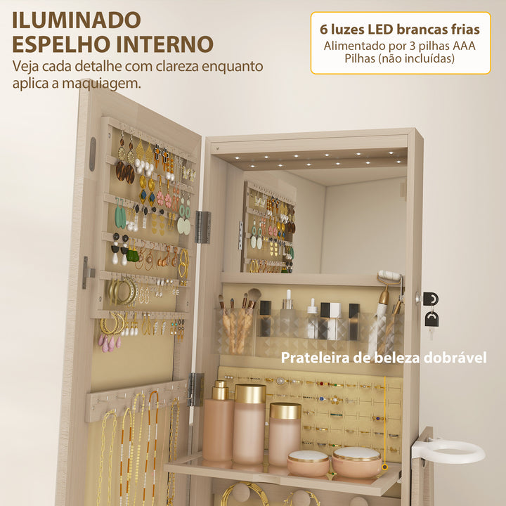 Espelho de Pé Giratório 360° com Espelho com Interior Iluminado Organizador de Jóias com Espelho de Corpo Inteiro Prateleiras e Gavetas para Quarto ou Closet 56x56x164 cm Madeira