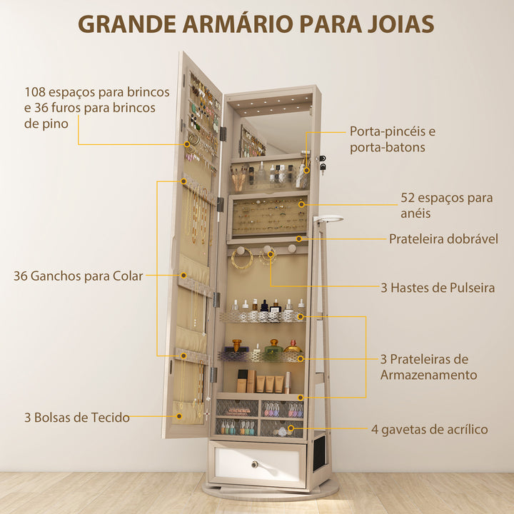 Espelho de Pé Giratório 360° com Espelho com Interior Iluminado Organizador de Jóias com Espelho de Corpo Inteiro Prateleiras e Gavetas para Quarto ou Closet 56x56x164 cm Madeira