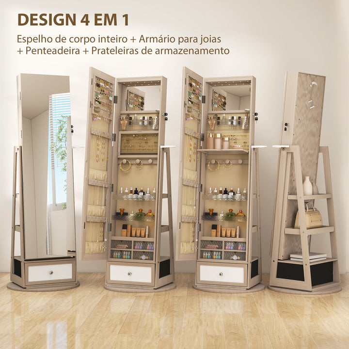 Espelho de Pé Giratório 360° com Espelho com Interior Iluminado Organizador de Jóias com Espelho de Corpo Inteiro Prateleiras e Gavetas para Quarto ou Closet 56x56x164 cm Madeira