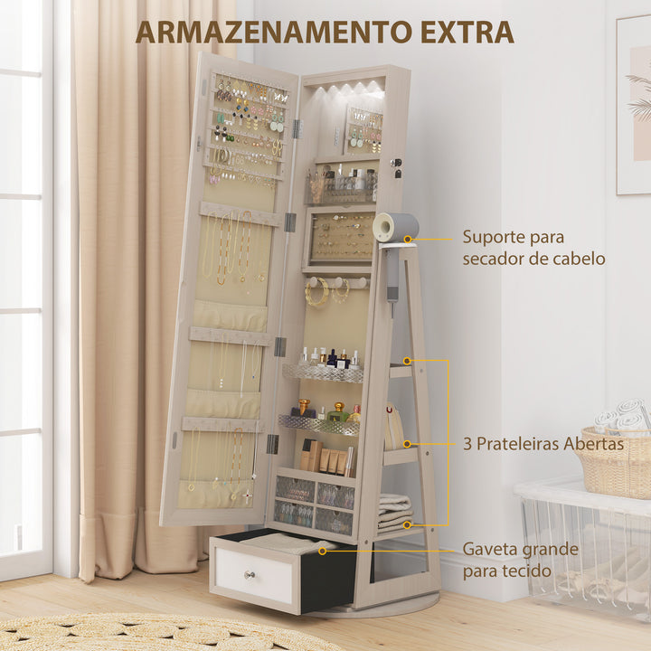 Espelho de Pé Giratório 360° com Espelho com Interior Iluminado Organizador de Jóias com Espelho de Corpo Inteiro Prateleiras e Gavetas para Quarto ou Closet 56x56x164 cm Madeira
