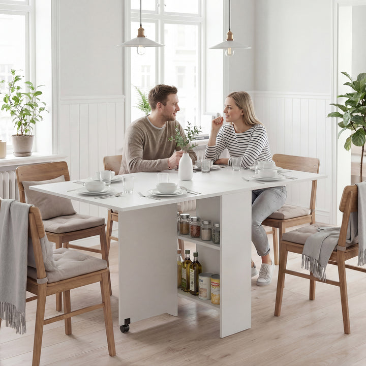 Mesa de cozinha Dobrável de Madeira com Rodinhas 140 x 80 x 74 cm Branca