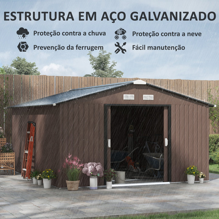 Abrigo de Jardim Exterior Abrigo e Jardim Metálico para Armazenamento de Ferramentas com 4 Janelas 12,4 m² 340x386x200 cm Marrom