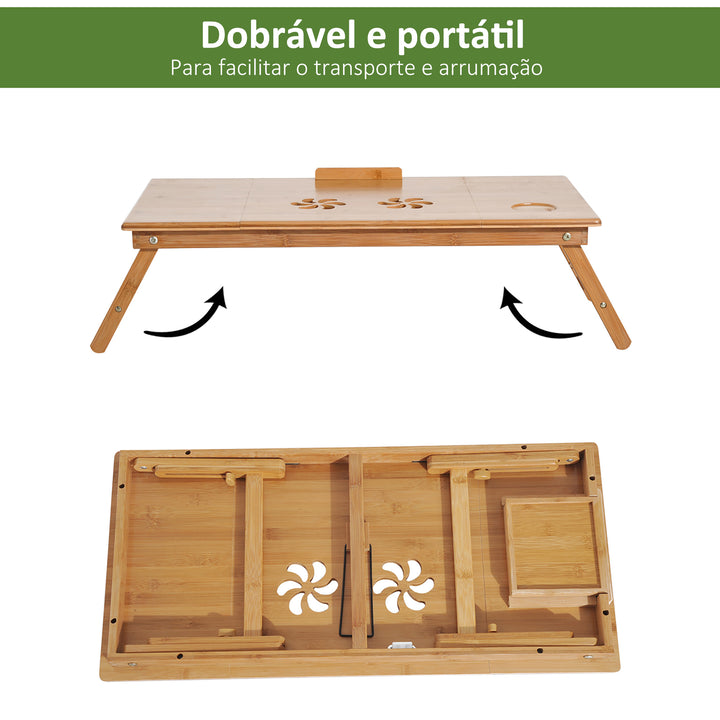Mesa de Computador Portátil Bandeja de cama de bambu Dobrável Reclinável Altura Ajustável Apoio Mesa colo 1 Gaveta 72x35x22-30 cm
