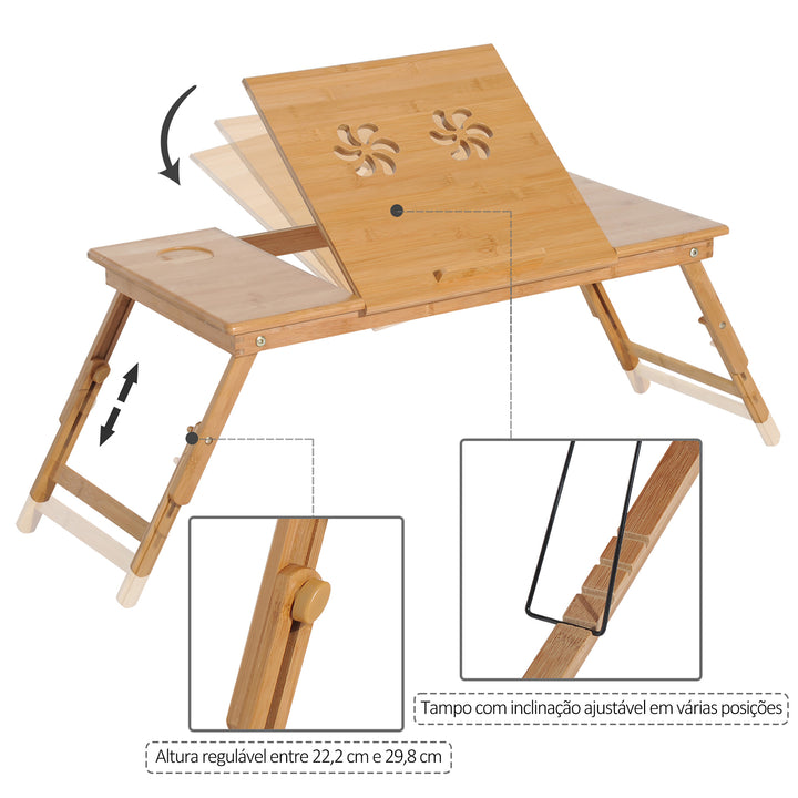 Mesa de Computador Portátil Bandeja de cama de bambu Dobrável Reclinável Altura Ajustável Apoio Mesa colo 1 Gaveta 72x35x22-30 cm