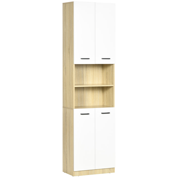 Coluna Casa de Banho Auxiliar Armário Alto Casa de Banho com 4 Portas 2 Prateleiras Abertas e Prateleiras Ajustáveis Estilo Moderno para Sala de Estar 53x33,5x195,7 cm Branco e Madeira