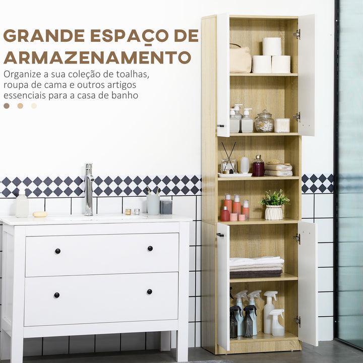 Coluna Casa de Banho Auxiliar Armário Alto Casa de Banho com 4 Portas 2 Prateleiras Abertas e Prateleiras Ajustáveis Estilo Moderno para Sala de Estar 53x33,5x195,7 cm Branco e Madeira