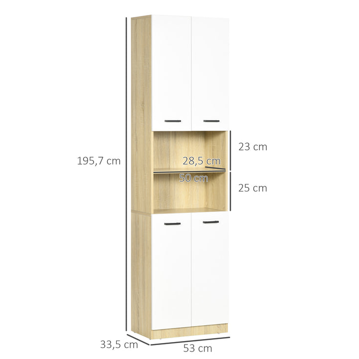 Coluna Casa de Banho Auxiliar Armário Alto Casa de Banho com 4 Portas 2 Prateleiras Abertas e Prateleiras Ajustáveis Estilo Moderno para Sala de Estar 53x33,5x195,7 cm Branco e Madeira