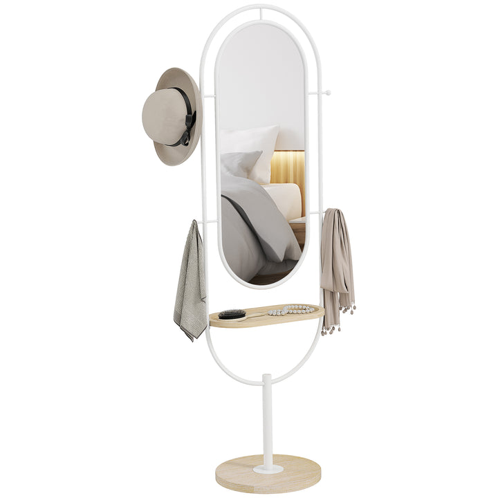 Espelho de Pé 50x175,5 cm Espelho de Corpo Inteiro com Bandeja de Madeira 4 Ganchos e Estrutura de Metal para Sala de Estar Quarto 50x40x175,5 cm Branco