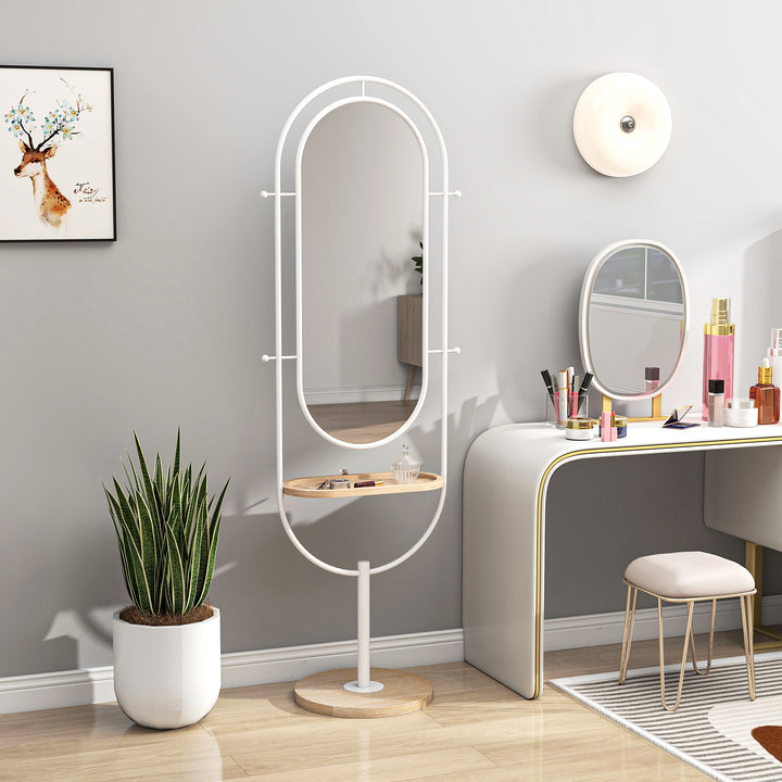 Espelho de Pé 50x175,5 cm Espelho de Corpo Inteiro com Bandeja de Madeira 4 Ganchos e Estrutura de Metal para Sala de Estar Quarto 50x40x175,5 cm Branco