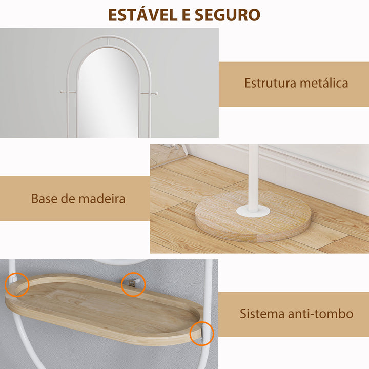 Espelho de Pé 50x175,5 cm Espelho de Corpo Inteiro com Bandeja de Madeira 4 Ganchos e Estrutura de Metal para Sala de Estar Quarto 50x40x175,5 cm Branco