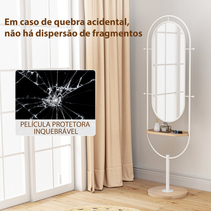 Espelho de Pé 50x175,5 cm Espelho de Corpo Inteiro com Bandeja de Madeira 4 Ganchos e Estrutura de Metal para Sala de Estar Quarto 50x40x175,5 cm Branco