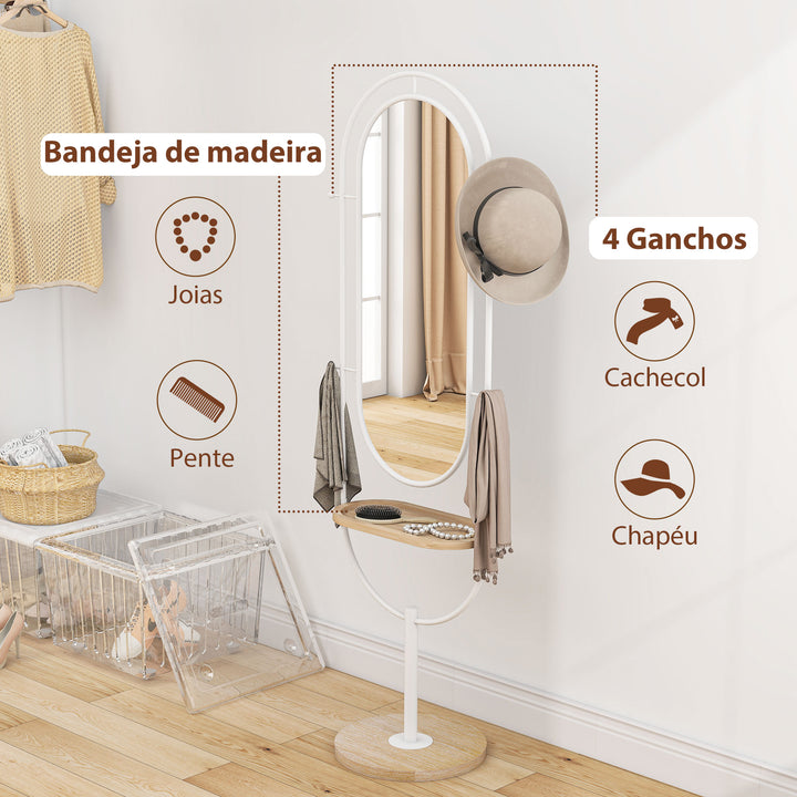 Espelho de Pé 50x175,5 cm Espelho de Corpo Inteiro com Bandeja de Madeira 4 Ganchos e Estrutura de Metal para Sala de Estar Quarto 50x40x175,5 cm Branco