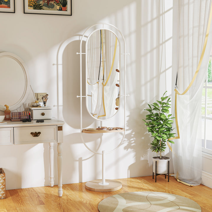 Espelho de Pé 50x175,5 cm Espelho de Corpo Inteiro com Bandeja de Madeira 4 Ganchos e Estrutura de Metal para Sala de Estar Quarto 50x40x175,5 cm Branco