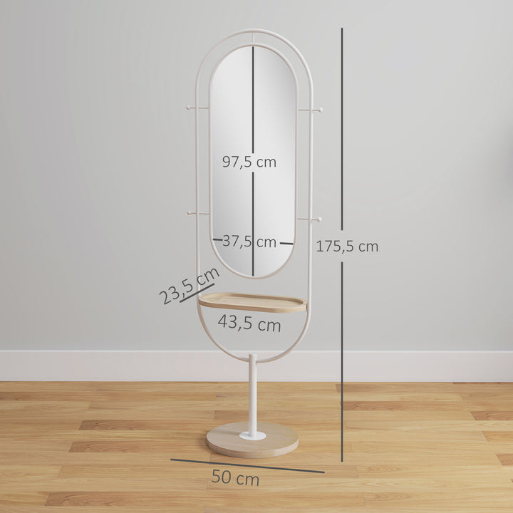 Espelho de Pé 50x175,5 cm Espelho de Corpo Inteiro com Bandeja de Madeira 4 Ganchos e Estrutura de Metal para Sala de Estar Quarto 50x40x175,5 cm Branco