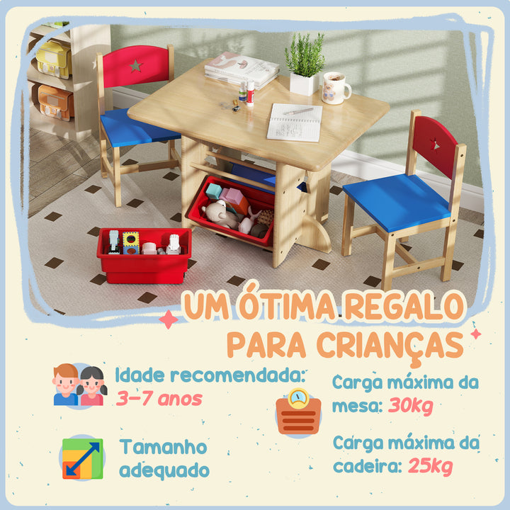 Mesa e Cadeiras para Crianças de 3 Peças Mesa Infantil com 2 Cadeiras e 4 Cestos de Arrumação Conjunto de Móveis para Crianças acima de 3 Anos para Sala de Jogos Madeira