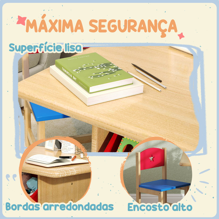 Mesa e Cadeiras para Crianças de 3 Peças Mesa Infantil com 2 Cadeiras e 4 Cestos de Arrumação Conjunto de Móveis para Crianças acima de 3 Anos para Sala de Jogos Madeira