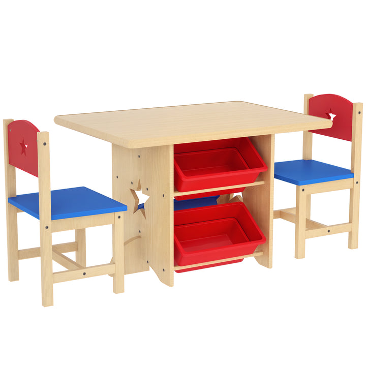 Mesa e Cadeiras para Crianças de 3 Peças Mesa Infantil com 2 Cadeiras e 4 Cestos de Arrumação Conjunto de Móveis para Crianças acima de 3 Anos para Sala de Jogos Madeira