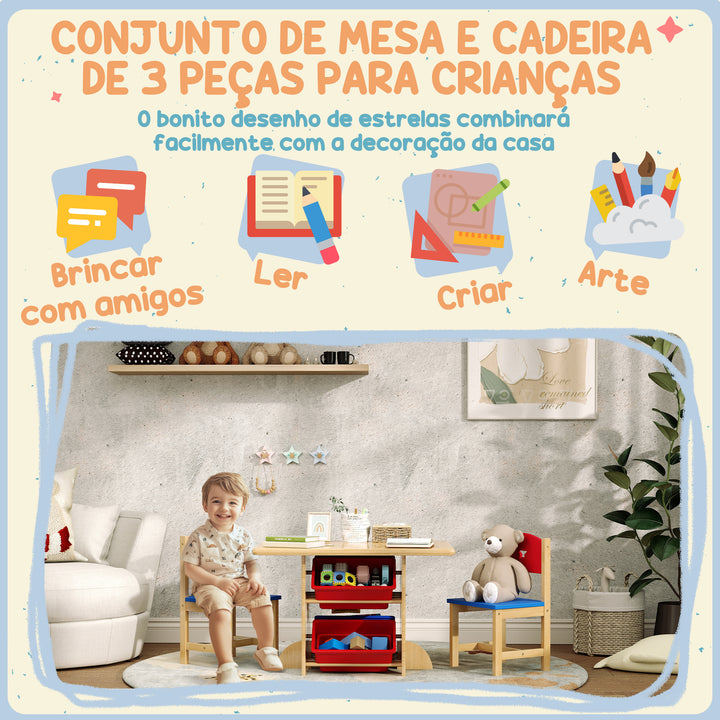 Mesa e Cadeiras para Crianças de 3 Peças Mesa Infantil com 2 Cadeiras e 4 Cestos de Arrumação Conjunto de Móveis para Crianças acima de 3 Anos para Sala de Jogos Madeira