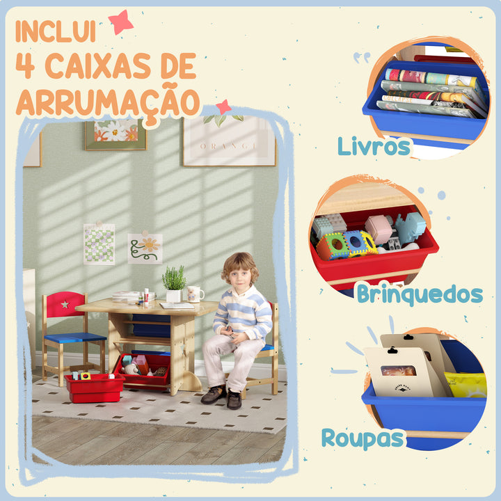 Mesa e Cadeiras para Crianças de 3 Peças Mesa Infantil com 2 Cadeiras e 4 Cestos de Arrumação Conjunto de Móveis para Crianças acima de 3 Anos para Sala de Jogos Madeira