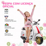 Moto Elétrica para Crianças de 3-6 Anos com Licença Vespa Motocicleta de Bateria 6V com USB MP3 Luz LED Rádio FM Moto para Crianças com Velocidade 3 km/h Carga 35 kg Branco