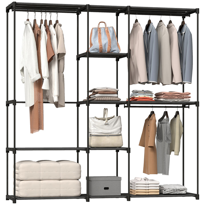 Armário para Roupas 182x43x185 cm Armário Aberto com 8 Prateleiras de Tecido Barras para Pendurar Estrutura de Metal para Quarto Sala Vestiário Preto
