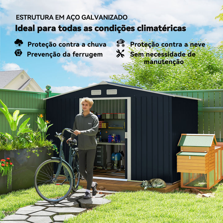 Abrigo de Jardim Exterior Abrigo e Jardim Metálico para Armazenamento de Ferramentas com Base Incluída e 4 Janelas 277x195x192cm Cinza Escuro