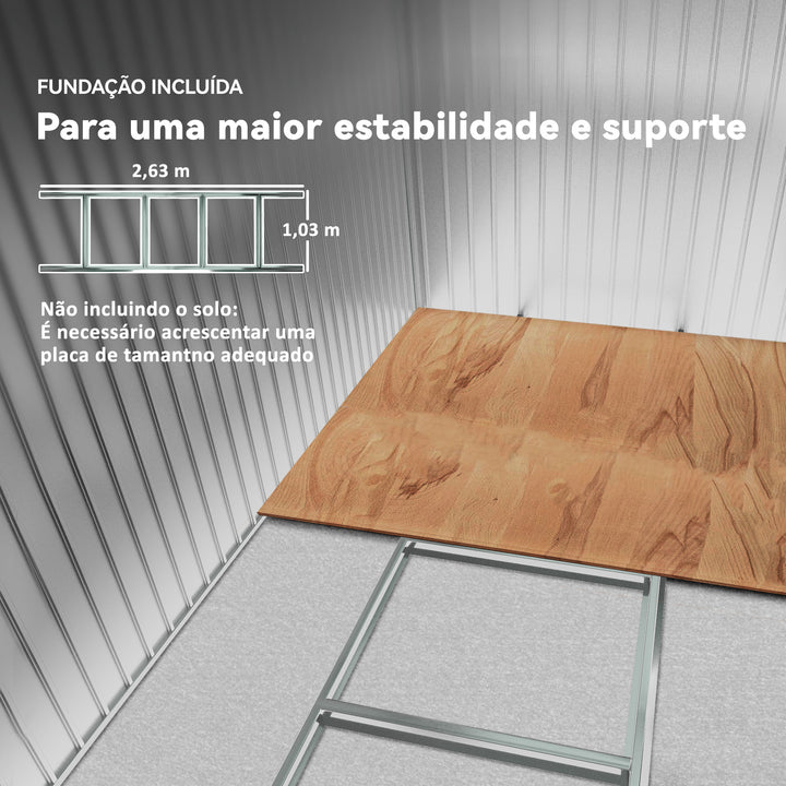 Abrigo de Jardim Exterior Abrigo e Jardim Metálico para Armazenamento de Ferramentas com Base Incluída e 4 Janelas 277x195x192cm Cinza Escuro