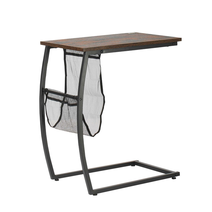 Mesa Auxiliar para Sofá e Cama em Forma de C com Bolso de Armazenamento Mesa Lateral de Estilo Industrial 53x35x64,5cm Marrom Rústico