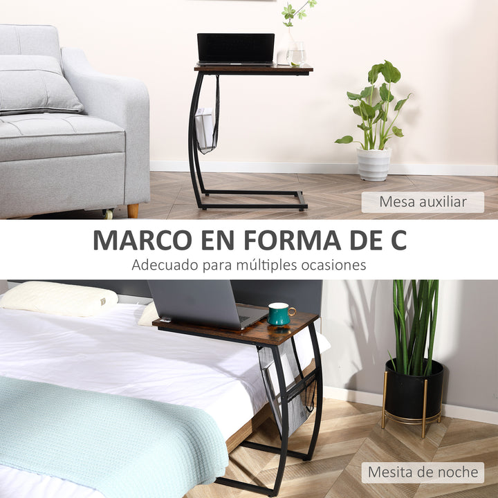 Mesa Auxiliar para Sofá e Cama em Forma de C com Bolso de Armazenamento Mesa Lateral de Estilo Industrial 53x35x64,5cm Marrom Rústico
