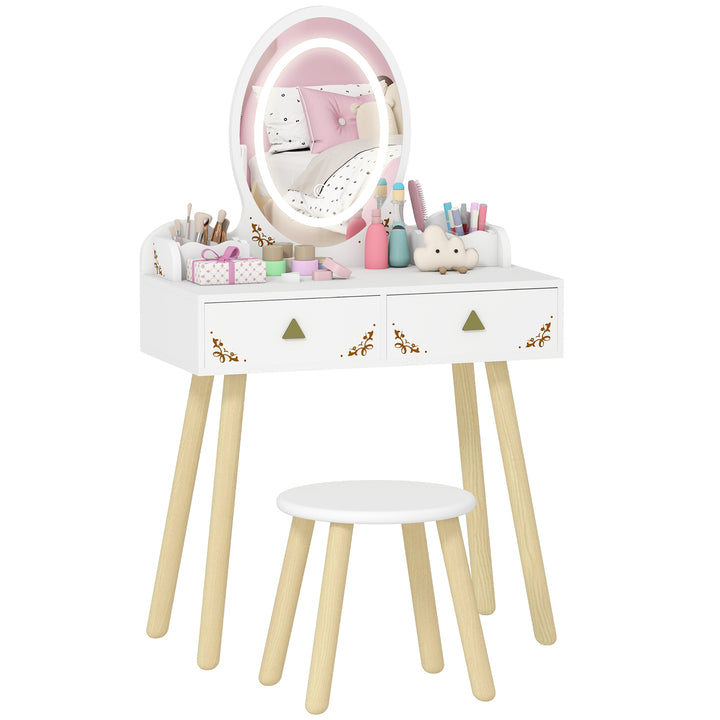 Tocador de Maquilhagem com Luzes LED de 3 Cores 2 em 1 Tocador Infantil com Banco Espelho 2 Gavetas 2 Caixas de Armazenamento para Crianças acima de 3 Anos 60x30x99,3 cm Branco