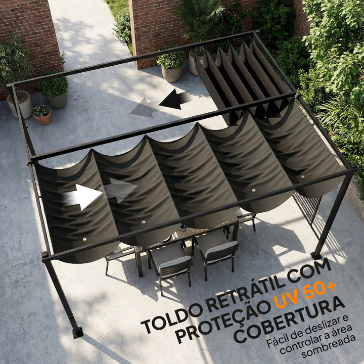 Pérgola de Jardim 4x3 m com Teto Retrátil e 2 Painéis de Privacidade Fixos Pérgola de Jardim com Proteção UPF50+ Drenagem Estrutura Metálica Refúgio para Exterior Cinzento Escuro