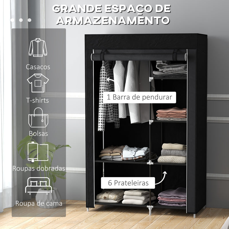 Roupeiro de Tecido Dobrável Armário de Roupa Portátil com 6 Prateleiras e 1 Barra de Pendurar para Dormitório Vestidor 103x43x162,5 cm Preto