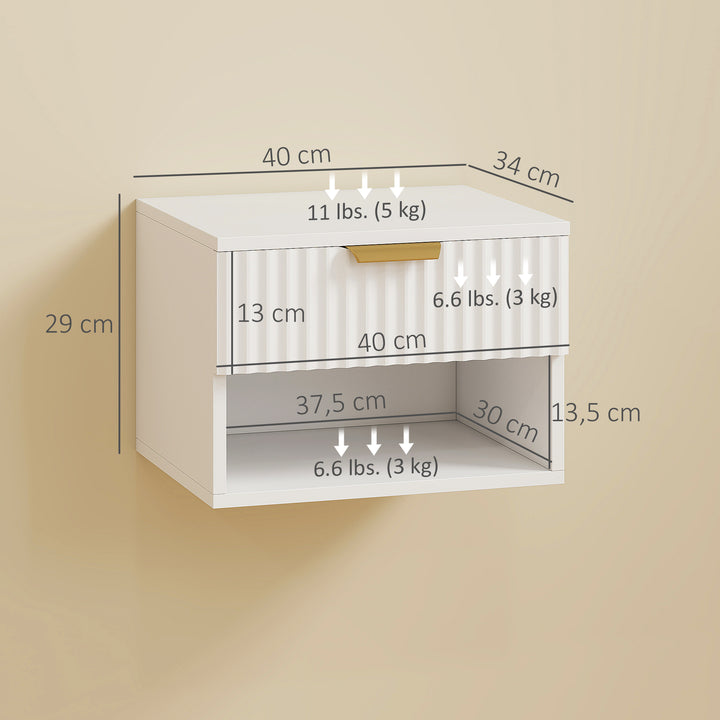 Conjunto de 2 Mesas de Cabeceira Flutuantes Estreitas Mesas de Cabeceira para Quarto com Gaveta com Frente Canelada e Prateleira Aberta 40x34x29 cm Branco
