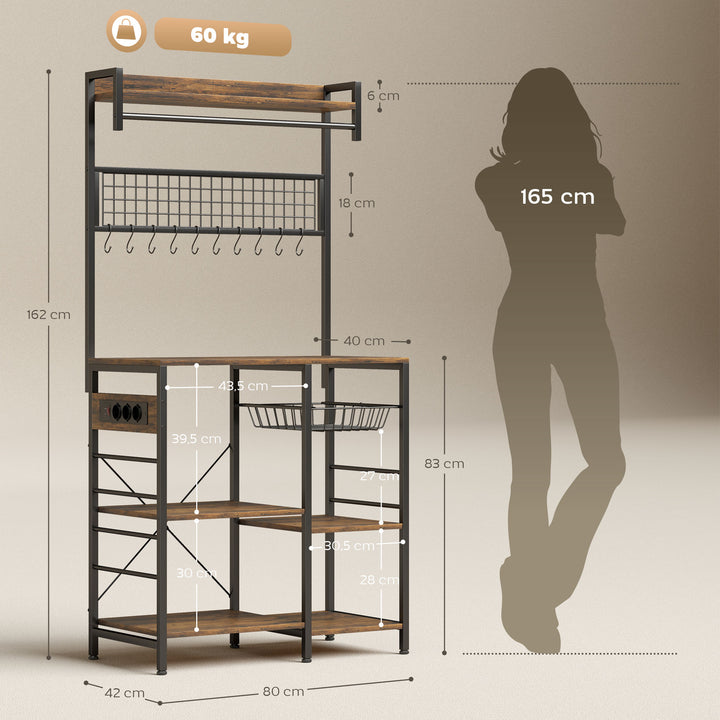 Estante de Cozinha com Três Tomadas e Luzes LED Estante Estilo Industrial com Prateleiras para Micro-ondas Cesto em Malha Metálica Ganchos Barra 80x42x162 cm Castanho Rústico e Preto