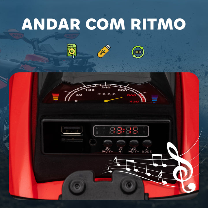 Quadriciclo Elétrico 12V para Crianças acima de 3 Anos com Farol Música Pneus de Suspensão Botões Avance e Retrocesso Veículo Elétrico a Bateria 100x65x73cm Vermelho
