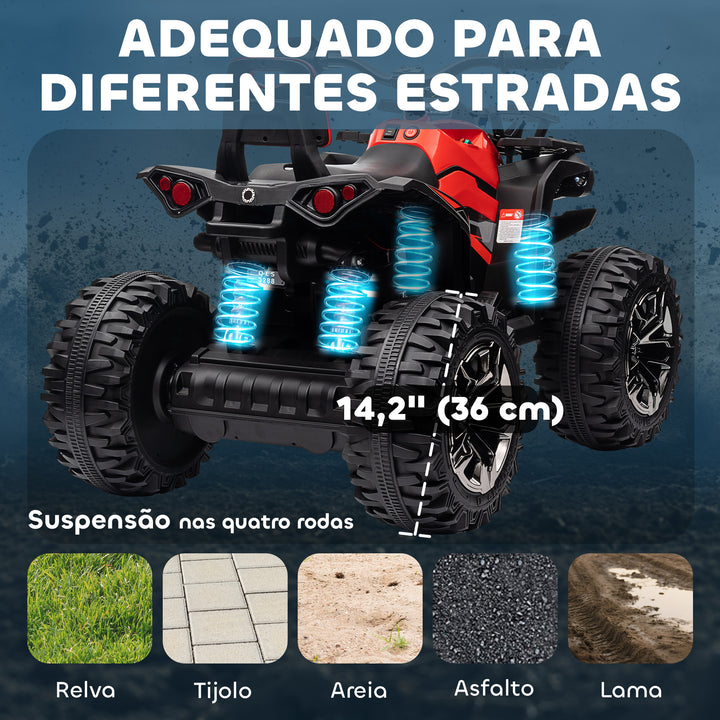 Quadriciclo Elétrico 12V para Crianças acima de 3 Anos com Farol Música Pneus de Suspensão Botões Avance e Retrocesso Veículo Elétrico a Bateria 100x65x73cm Vermelho