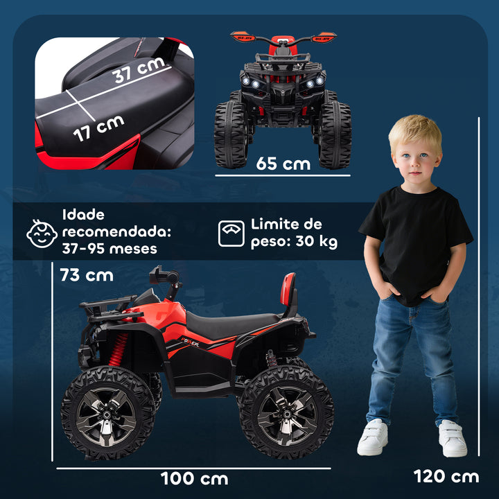 Quadriciclo Elétrico 12V para Crianças acima de 3 Anos com Farol Música Pneus de Suspensão Botões Avance e Retrocesso Veículo Elétrico a Bateria 100x65x73cm Vermelho