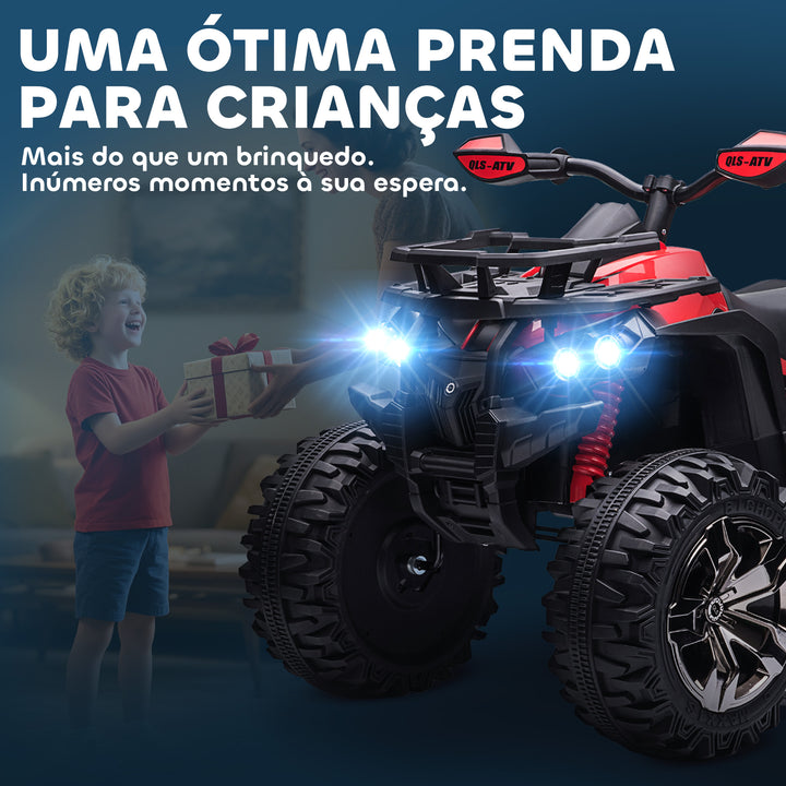 Quadriciclo Elétrico 12V para Crianças acima de 3 Anos com Farol Música Pneus de Suspensão Botões Avance e Retrocesso Veículo Elétrico a Bateria 100x65x73cm Vermelho