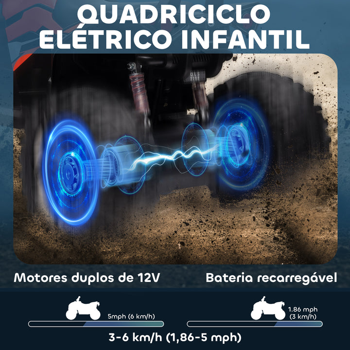 Quadriciclo Elétrico 12V para Crianças acima de 3 Anos com Farol Música Pneus de Suspensão Botões Avance e Retrocesso Veículo Elétrico a Bateria 100x65x73cm Vermelho