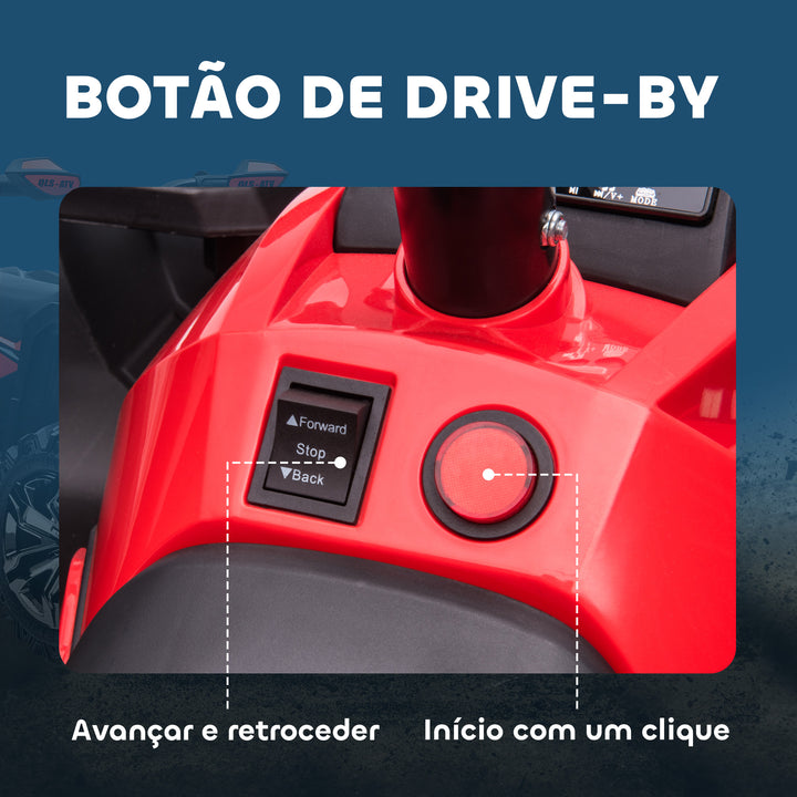 Quadriciclo Elétrico 12V para Crianças acima de 3 Anos com Farol Música Pneus de Suspensão Botões Avance e Retrocesso Veículo Elétrico a Bateria 100x65x73cm Vermelho