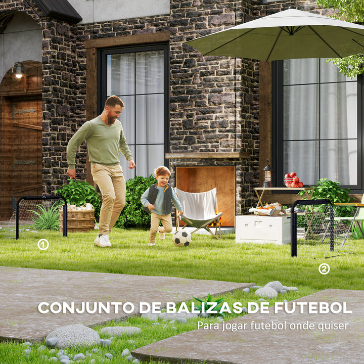 Conjunto de 2 Balizas de Futebol Dobráveis Portáteis com Suporte de Metal e Rede para Treino de Futebol em Jardim ao Ar Livre 90x36x60 cm Preto