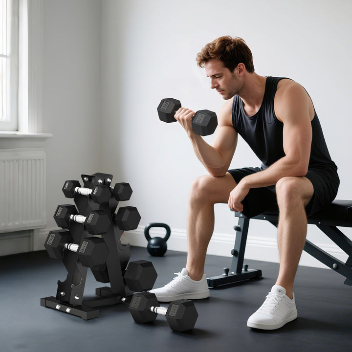 Conjunto de Halteres de 8 Peças 50 kg Halteres Hexagonais 2x2kg 2x5kg 2x8kg 2x10kg com Suporte de Armazenamento e Punho Antiderrapante para Treino em Casa e Ginásio Preto