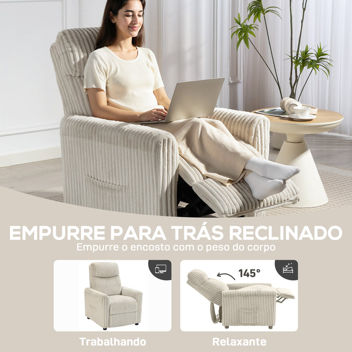 Poltrona Relax Reclinável Poltrona Reclinável Manual Estofada em Veludo Instalação Rápida Apoio para Pés Acolchoamento Grosso Para Sala de Estar Quarto Escritório 73x86x100 cm Creme