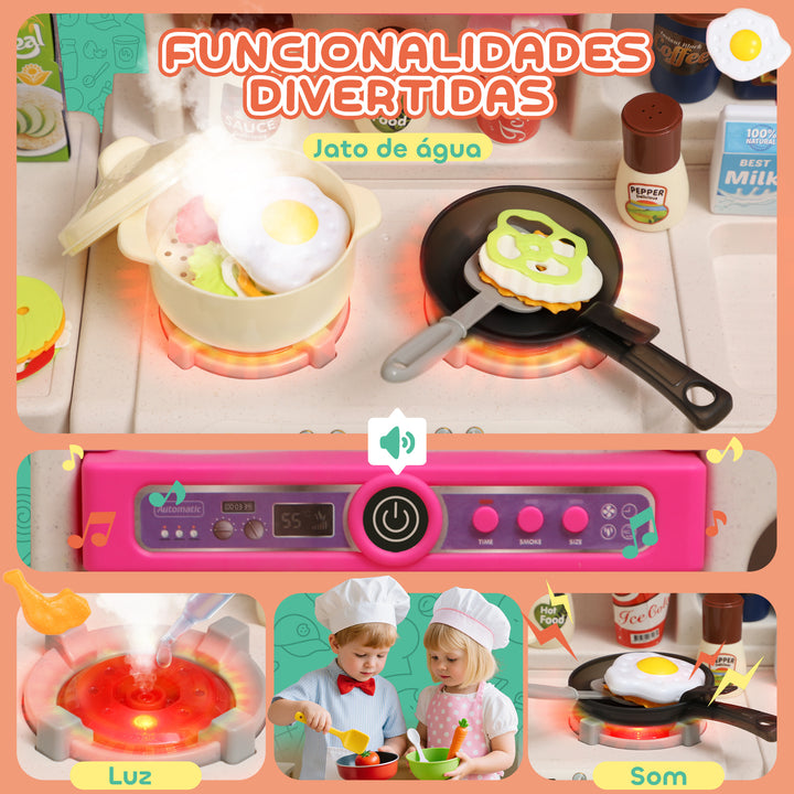 Cozinha de Brincar com Luz e Som Cozinha para Crianças com Acessórios Panelas Utensilios e Alimentos Falsos Brinquedo para Crianças a partir de 3 Anos 52,5x22x100 cm Rosa
