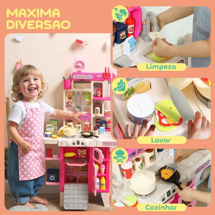 Cozinha de Brincar com Luz e Som Cozinha para Crianças com Acessórios Panelas Utensilios e Alimentos Falsos Brinquedo para Crianças a partir de 3 Anos 52,5x22x100 cm Rosa