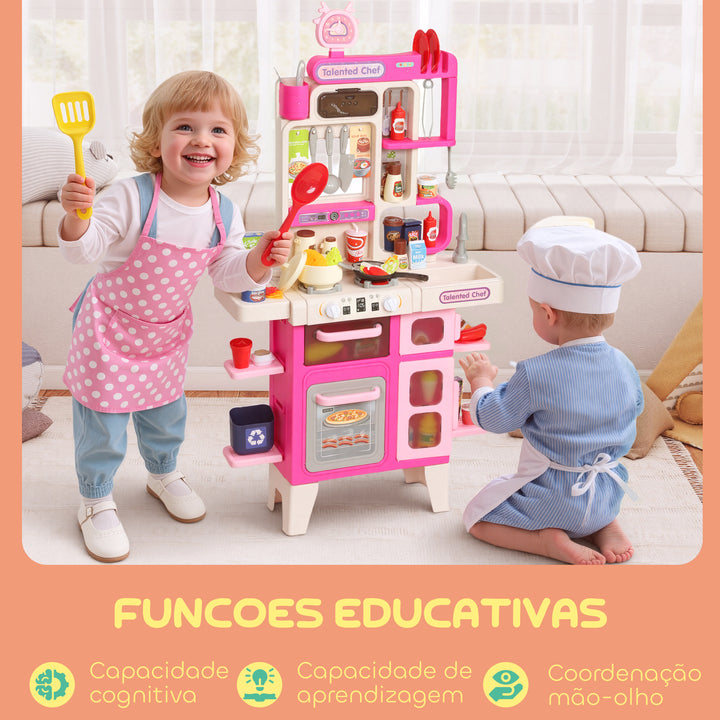 Cozinha de Brincar com Luz e Som Cozinha para Crianças com Acessórios Panelas Utensilios e Alimentos Falsos Brinquedo para Crianças a partir de 3 Anos 52,5x22x100 cm Rosa