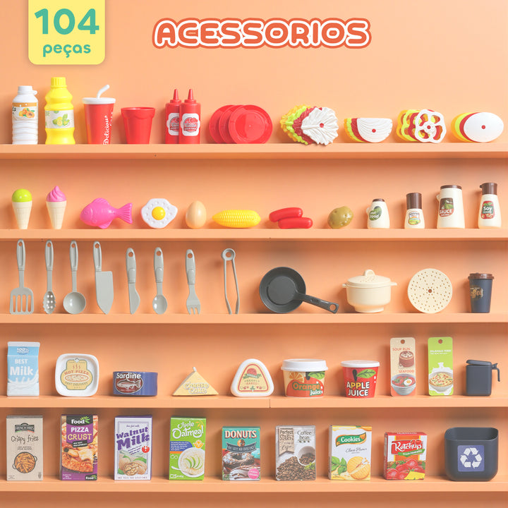Cozinha de Brincar com Luz e Som Cozinha para Crianças com Acessórios Panelas Utensilios e Alimentos Falsos Brinquedo para Crianças a partir de 3 Anos 52,5x22x100 cm Rosa