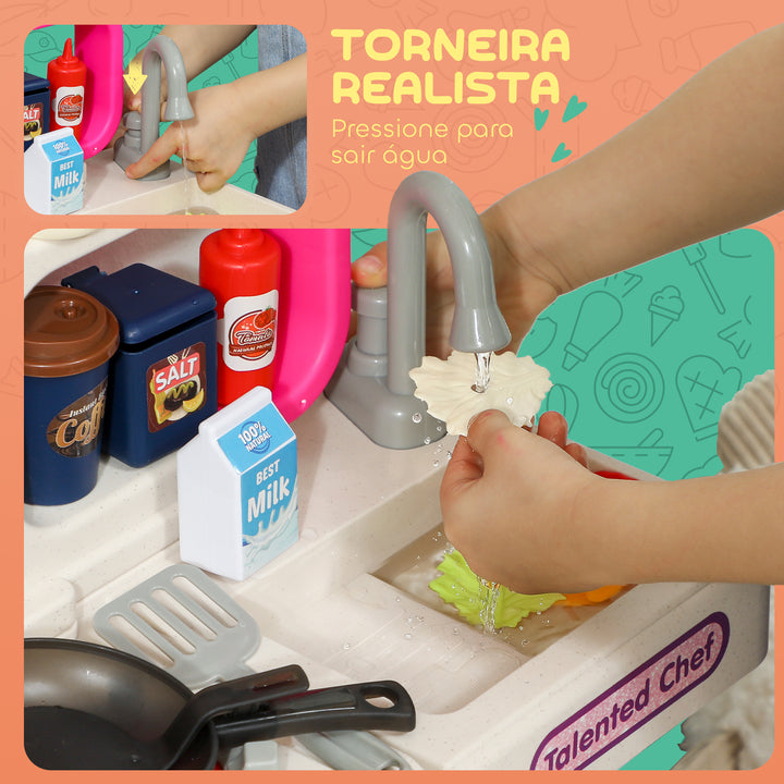 Cozinha de Brincar com Luz e Som Cozinha para Crianças com Acessórios Panelas Utensilios e Alimentos Falsos Brinquedo para Crianças a partir de 3 Anos 52,5x22x100 cm Rosa